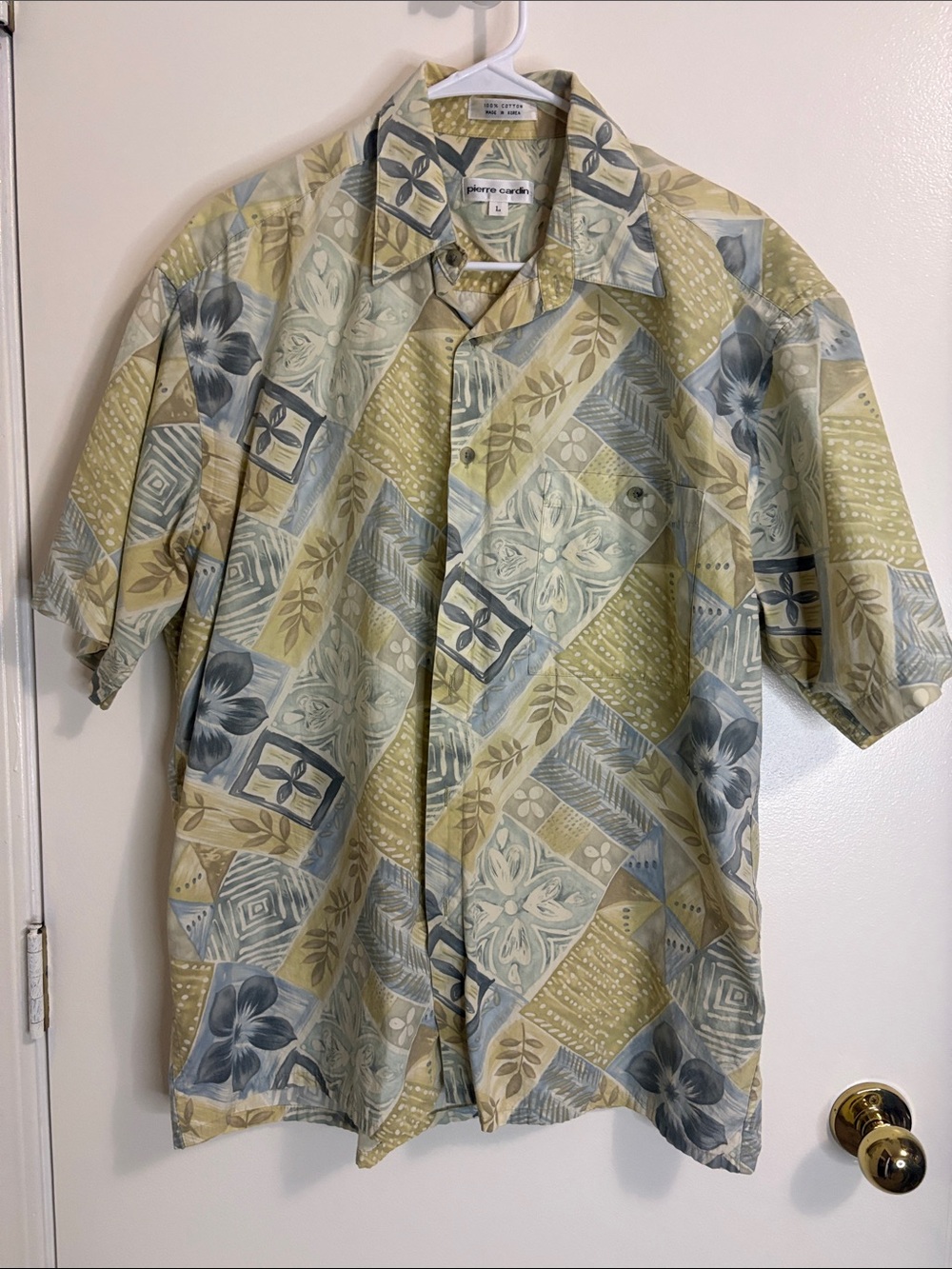 Pierre Cardin Short-Sleeve Camp Shirt in Sage Green and Beige Floral Patchwork